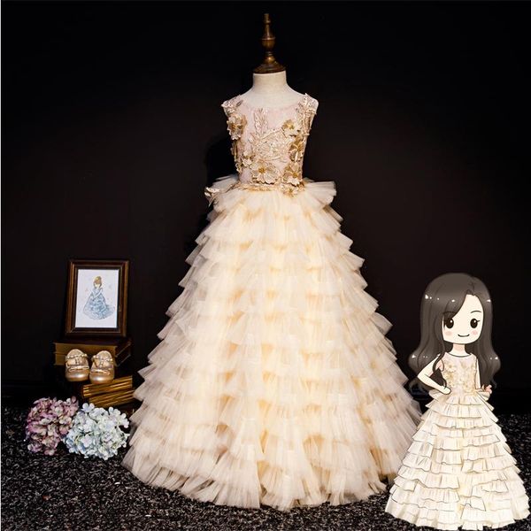 

girl's dresses appliques beadings cakecup dress rhinestone long robe sleeveless bandage flower girl for birthday party, Red;yellow