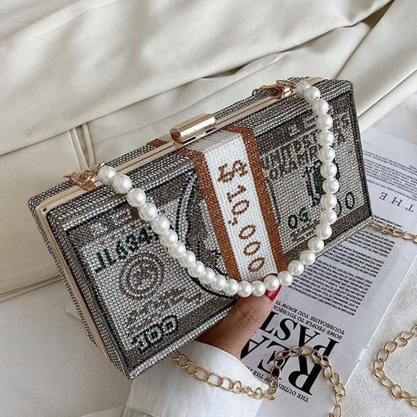 

stack of cash crystals women money evening clutch bags diamond painting chain wedding dinner purses and handbags luxury designer