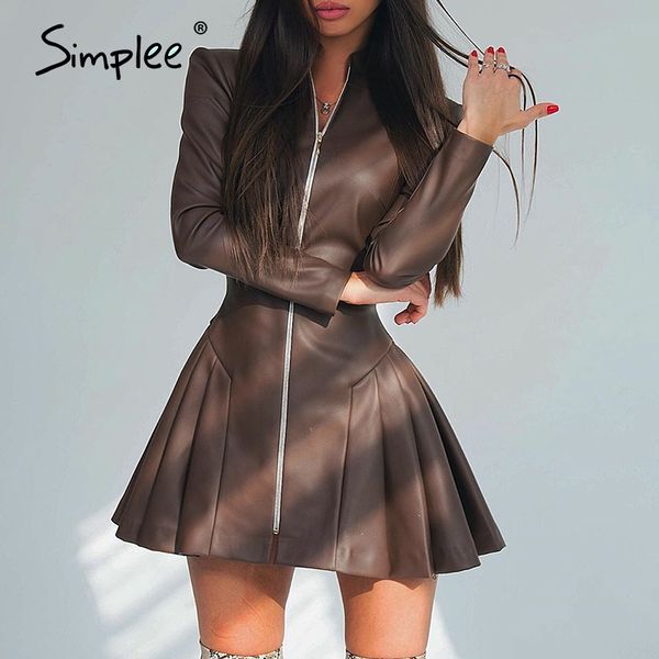

simplee high collar zipper women's dress a-line slim ladies dress elegant high street style autumn clothing women new 201204, Black;pink