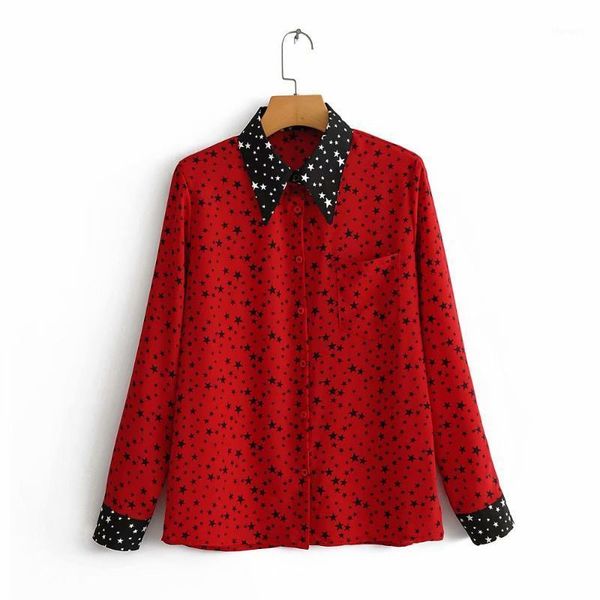 

women sweet stars print casual slim patchwork blouse shirts women cute geometric long sleeve blusas business chemise ls31731, White