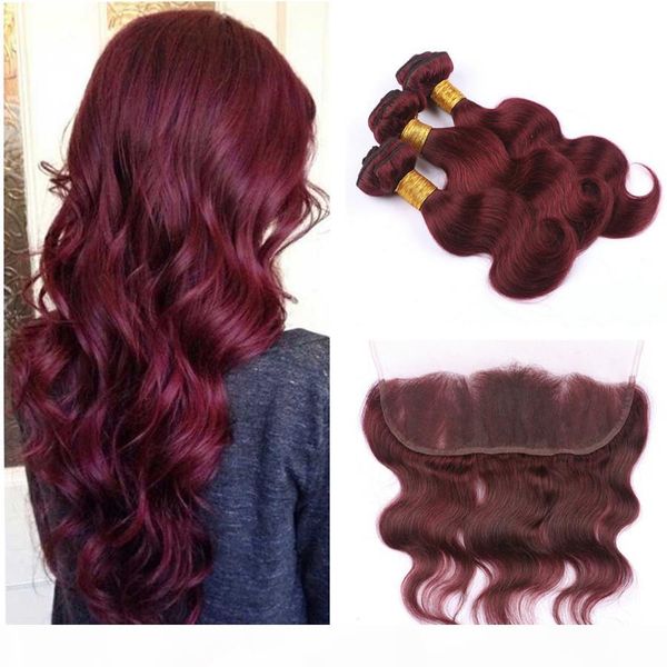 

99j burgundy frontal lace closure with bundles wine red body wave hair weaves with frontal dark red brazilian human hair bundle deals, Black