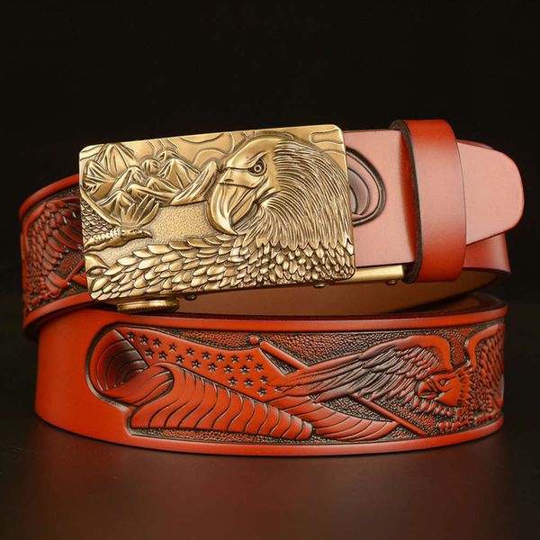 

men's real eagle head automatic buckle leather belt, Black;brown