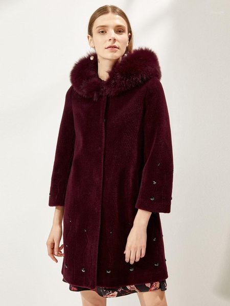 

shearing quality sheep fashion high coat 100% wool fur collar hooded women coats warm female jacket ropa zjt4471, Black