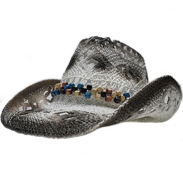 

Retro Women's Men's Wood Bead Band Hollow-outBaking Paint Cowboy Cowgirl Western Summer Raffia Straw Sun Beach Hat  58cm1