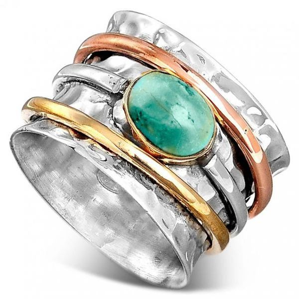 

cluster rings vintage silver plated two tone green natural stone wide ring for women girls boho party statement fashion jewelry gift, Golden;silver
