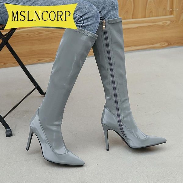 

boots plus size 34-46 fashion women pointy toe knee heel high pointed woman boot autumn winter long shoes women1, Black