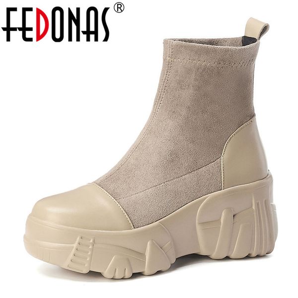 

fedonas shoes woman high heeled platforms casual socks boots women autumn winter warm genuine leather ankle boots short boots 1026, Black