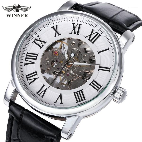 

winner official simple watch men casual mens watches skeleton mechanical wristwatch pu leather strap male clock1, Slivery;brown