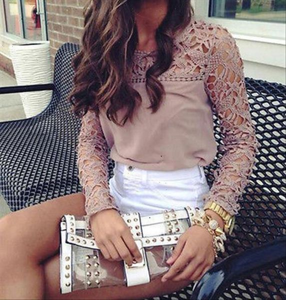 

long women sleeve spring chiffon blouse hollow out lace women blusas plus size blouse  xxl drop shipping good quality, White