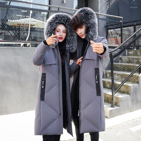 

winter jacket men parka couple down jacket big fur collar korean plus size coat women jackets casaco masculino kj6321, Black