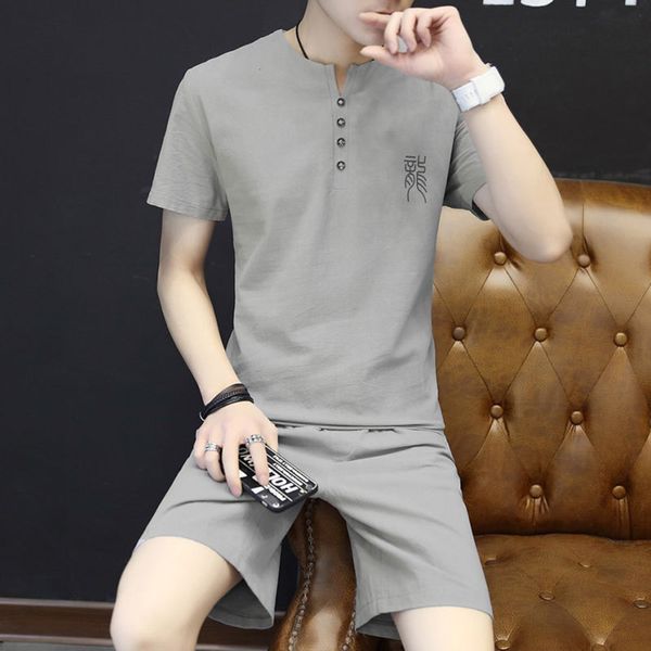 

sleeve short 2020 t-shirt cotton summer hemp leisure sports shorts casual men's suit, Gray