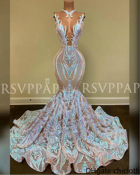 NOVO! Long Prom vestido brilhante brilho lantejoulas sexy ver através de top africanos menina sereia vestidos de baile