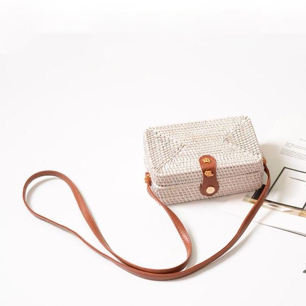 

portable rattan handbags women round square leather buckle shoulder bags ladies handmade small straw knitting bags