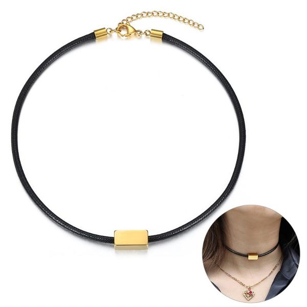 

chokers 4mm choker leather necklace for women men gold color stainless steel cube rope dn175, Golden;silver