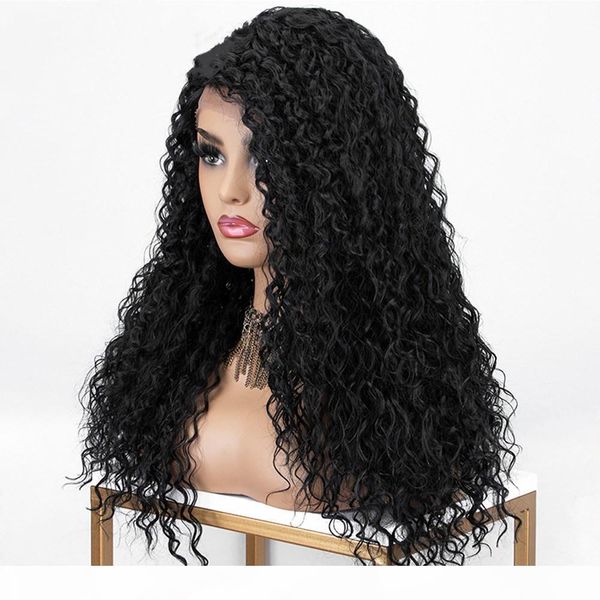 

black wigs long curly synthetic lace front wig for women side part high temperature fiber 180% density natural wig
