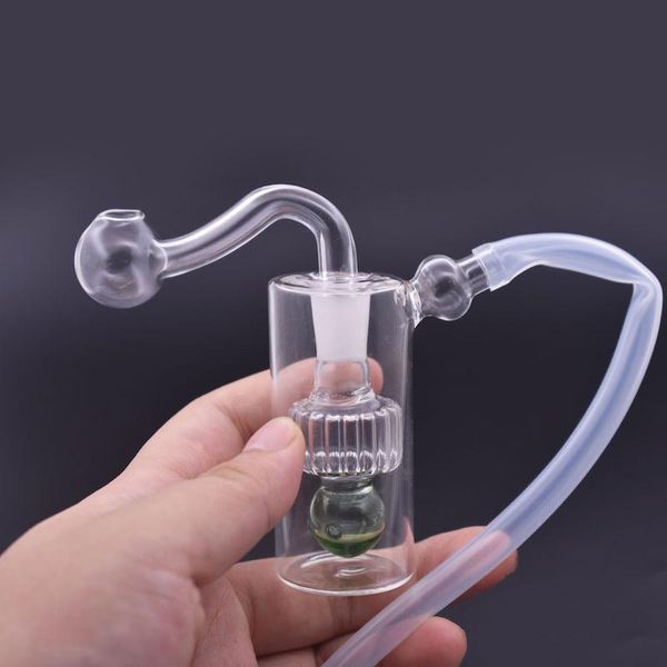 Toptan Ucuz Mini Temizle 10mm Kadın Cam Su Yağı Rig Bong Mini Seyahat Dab Rig ile Cam Yağ Kase ve Silikon Hortum