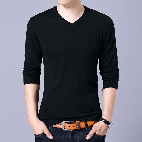 

2021 autumn winter fashion men sweater solid v-neck mens knitted sweaters thin cashmere wool male sweaters and pullovers1, White;black