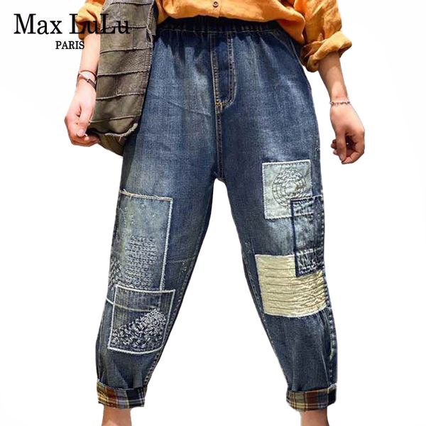 

max lulu 2021 new designer spring ladies vintage elastic denim pants womens printed punk style jeans casual pantalons big size c0115, Black;white