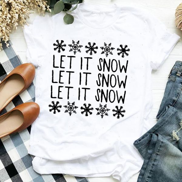 

women snow letters snowflake winter clothing holiday merry christmas clothes ladies graphic print tee tshirt female t shirt, White