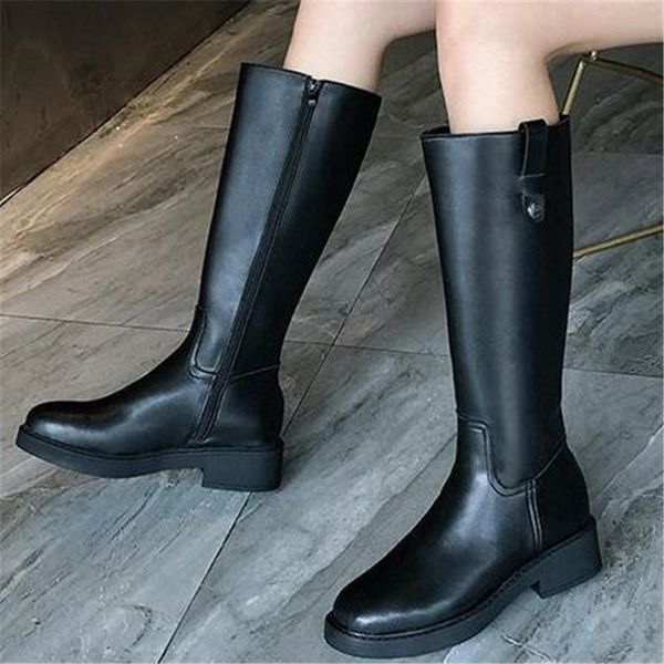 

autumn 2021 new knee high fashion women's leather thin riding side zip comfortable boots woman shoes 35-40 k4i7, Black