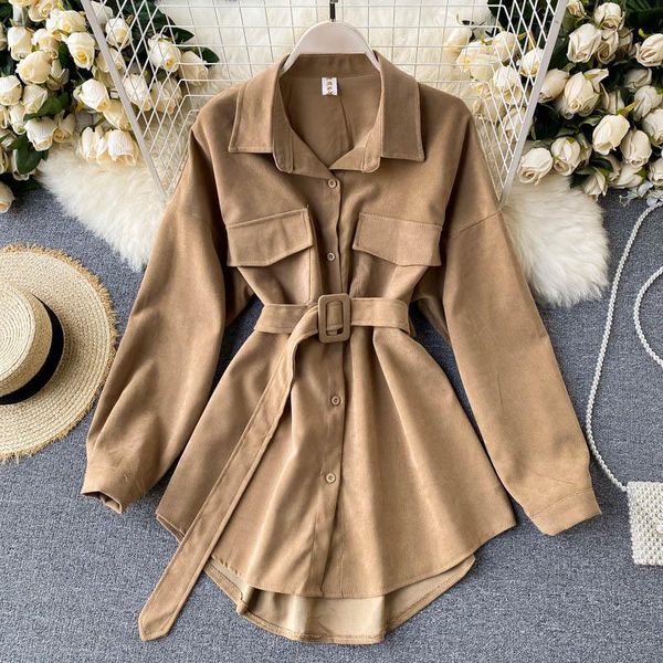 

women 2021 new autumn winter shirts retro cargo style pockets long sleeved shirt puff sleeve bandage nipped waist female, White