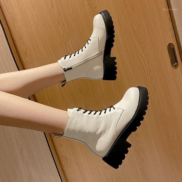 

boots genuine leather motorcycle platform women wedge shoes fashion round toe lace-up ladies 20211, Black