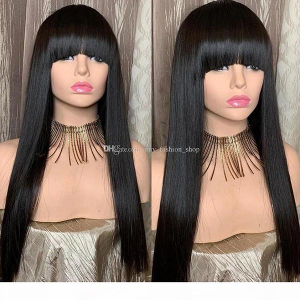 

silk human hair wigs with bangs straight human hair wigs 150% remy brazilian wig with bangs natural hair wig, Black;brown