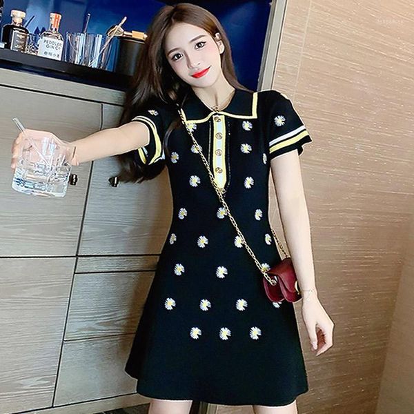 

2020 summer elegant dress women daisy sunflower embroidery striped neck floral knitted dress ladies vestidos de fiesta1, Black;gray