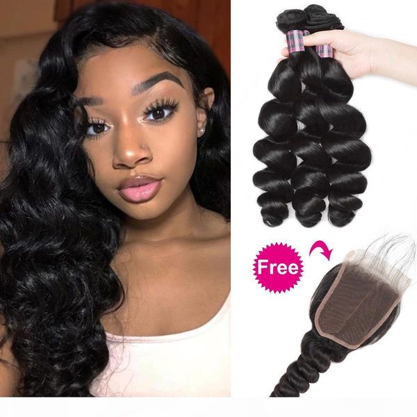 

buy 3bundles get a closure deep loose hair extensions brazilian human hair bundles with closure loose wave yaki straight water wave, Black