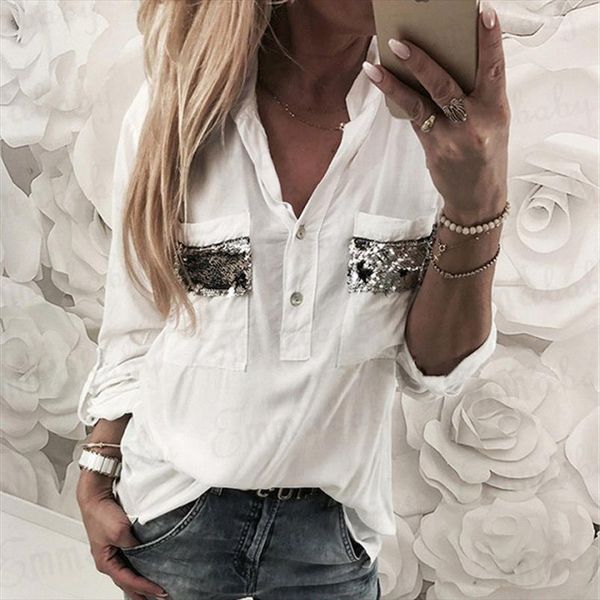 

women shirt streetwear casual style long sleeve patchwork v neck white color sequined shirt size s xl drop shipping