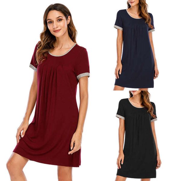

modal wind 2020 casual home wear summer short sleeve round neck contrast color nightdress, Black;gray