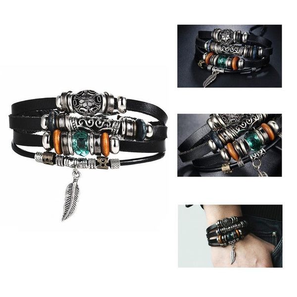 

charm bracelets boho tibet stone feather multilayer leather bracelet eye fish charms beads for men vintage punk wrap wristband, Golden;silver