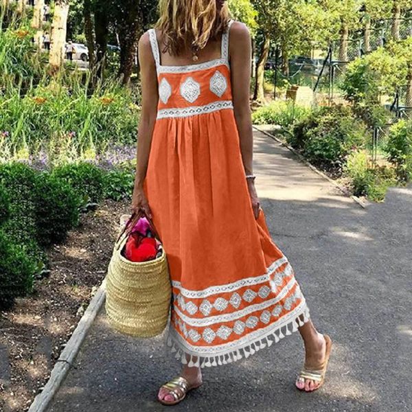

women sleeveless loose long dress summer boho print beach holiday dress strap big swing tassel maxi casual vestidos1, Black;gray