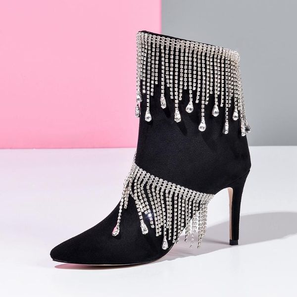 

sarairis luxury female rhinestone slip on pointed toe casual ankle boots high heels boots women brand designer shoes woman, Black