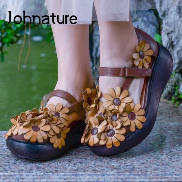 

johnature retro 2020 new summer high heels sandals women shoes wedges genuine leather buckle strap casual flower ladies sandals, Black