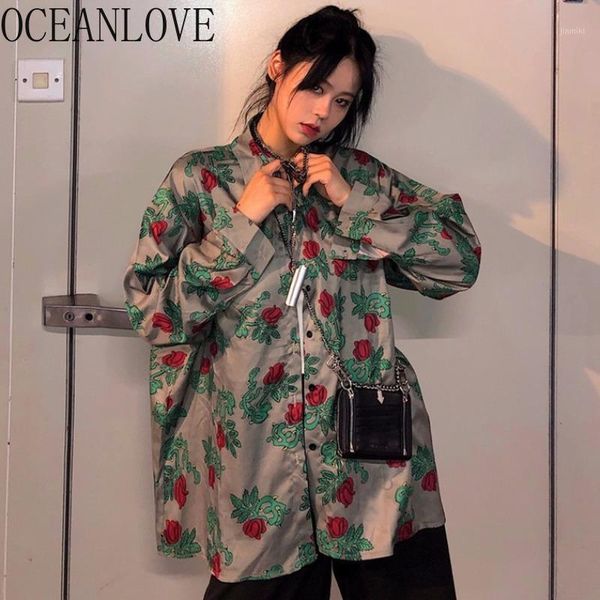 

oceanlove harajuku print flowers women blouses streetwear loose japan style spring shirts button vintage all match blusas 151801, White