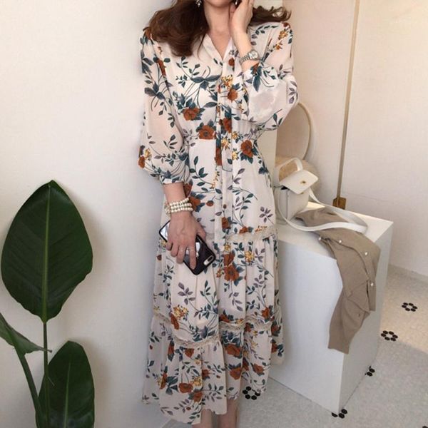 

2020 bohemian spring autumn women floral print dress vintage v-neck lace patchwork vestidos beige/black casual dress for female1, Black;gray