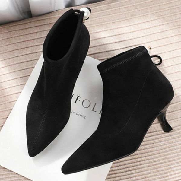 

high heels woman short boots 2020 autumn winter new solid black ankle strap warm plush point toe women's winter boots