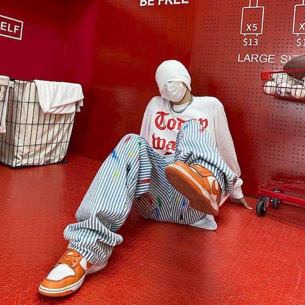 

men's jeans men women striped denim trousers harajuku hip hop graffiti splash ink loose high street drape casual straight couple pants, Blue