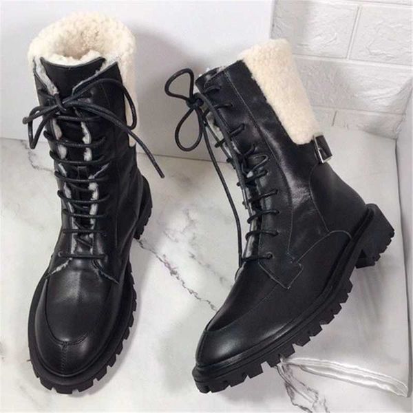 

lambswool snow boots lace-up short boots metal snap splice martin non-slip platform evelator winter women's shoes, Black