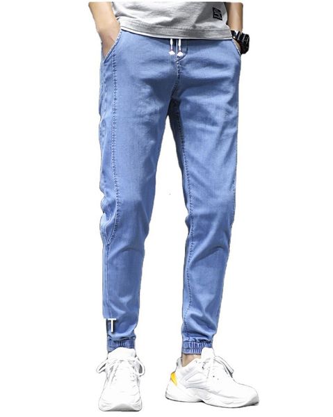 

2020 new jeans summer light denim capris men's elastic band, Blue