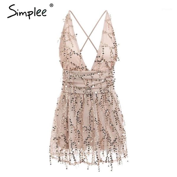 

simplee deep v-neck sequined mesh women playsuit elegant backless lining ladies short jumpsuit high wasit tassel overalls1, Black;white