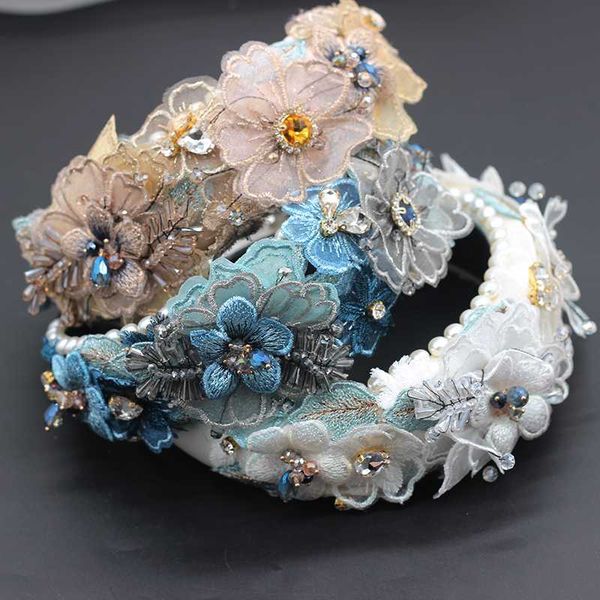 

lace fabric flower sponge headband2020 handmade flower gem pearl baroque luxury colorful crystal hair band 621, Golden;silver