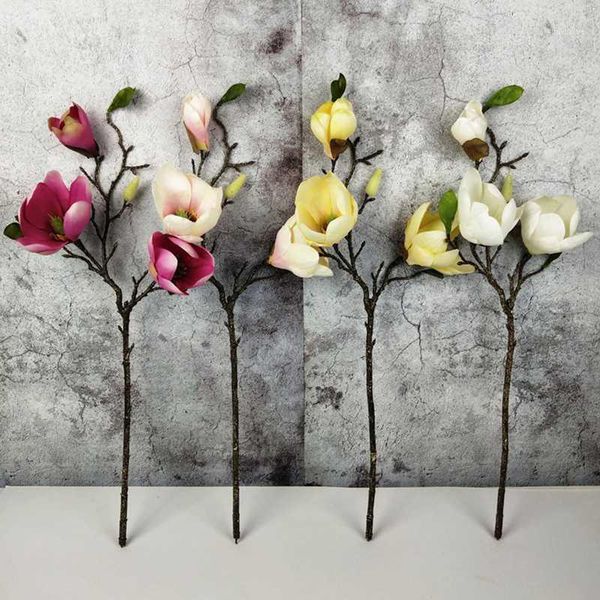 

50cm magnolia artificial flower 3 head silk fake flowers for wedding party supplies home garden decorating artificial flowers1