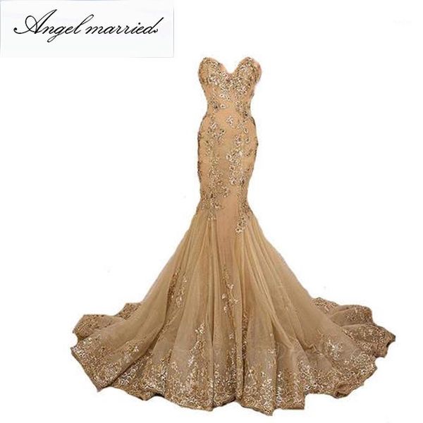 

angel married evening dress gold mermaid prom dresses off shoulder appliques lace womens pageant gown formal dress vestidos1, White;black