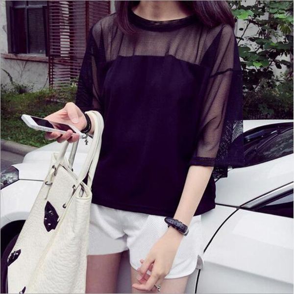 

women t shirt summer transparent half sleeve o neck mesh women tees casual  tshirt1, White