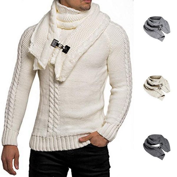 

men's sweaters winter detachable scarf knitted sweater pullovers clothes vintage tricot pull homme casual sueter masculino nice sweter, White;black