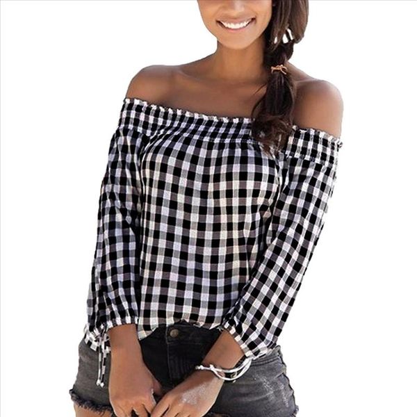 

2021 new women shirt womens off shoulder long sleeve blouse female casual loose check plaid blouse roupa feminina, White