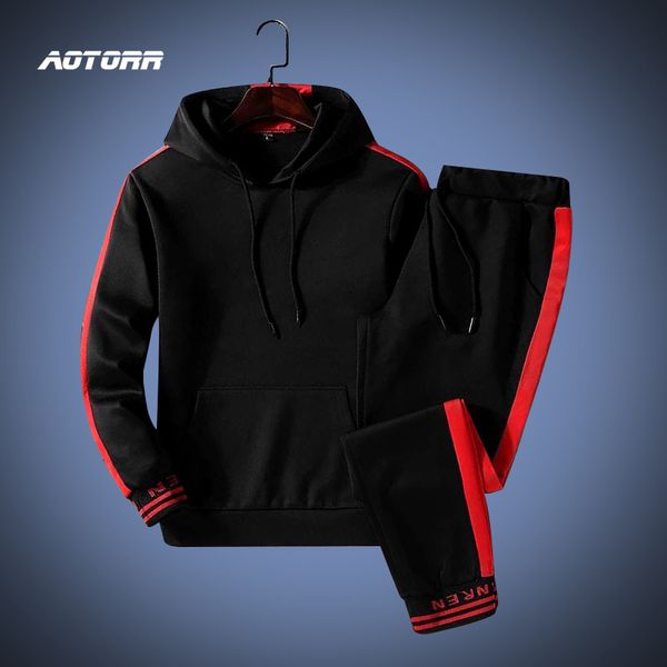 

tracksuit set men sportswear suit autumn winter hooded pullover sweatshirt gyms outfit hoodies sweatpants male 2 piece kg-445, Black