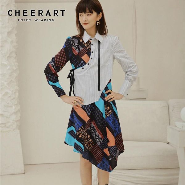 

casual dresses cheerart puff sleeve autumn dress 2021 long patchwork asymmetrical shirt floral print fall women clothing, Black;gray